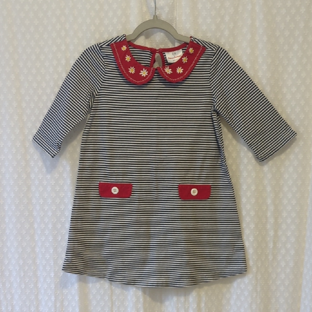Hanna Andersson Striped Tunic with Red Peter Pan Collar Daisy Detail Girls 110/5